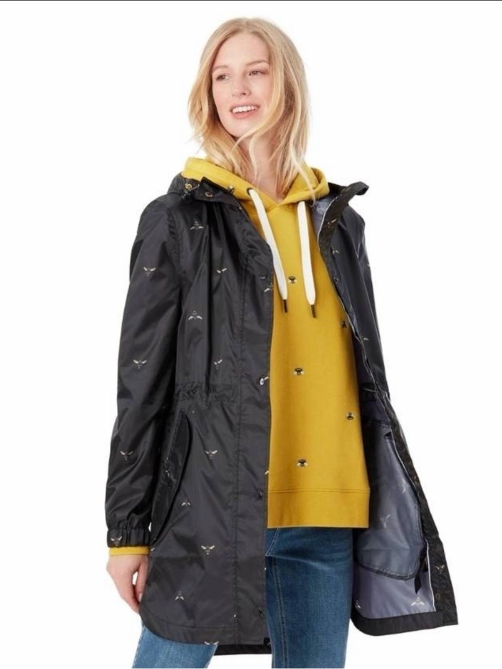 Joules Right as Rain Golightly Packable Waterproof Jacket in Black Bee Print